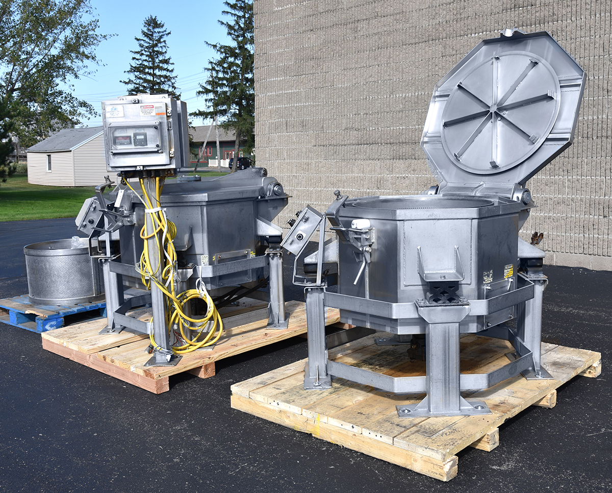 Used Heinzen SPIN DRYER SYSTEM, quantity (2), SD150 industrial salad spinners, with baskets, drive system and controls, Alard item Y4372, Y4425, Y4426
