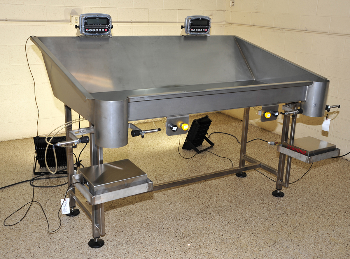 NEW HAND PACKING TABLE FOR BAGS, 2-station, food grade stainless steel, for fill by weight, with scales & bag holders; Alard item Y4442