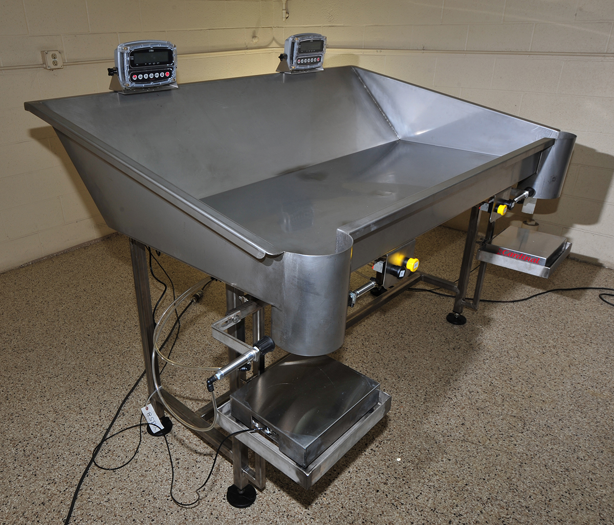 NEW BAGGING TABLE, 2-station, food grade stainless steel, for fill by weight, with scales & bag holders; Alard item Y4442