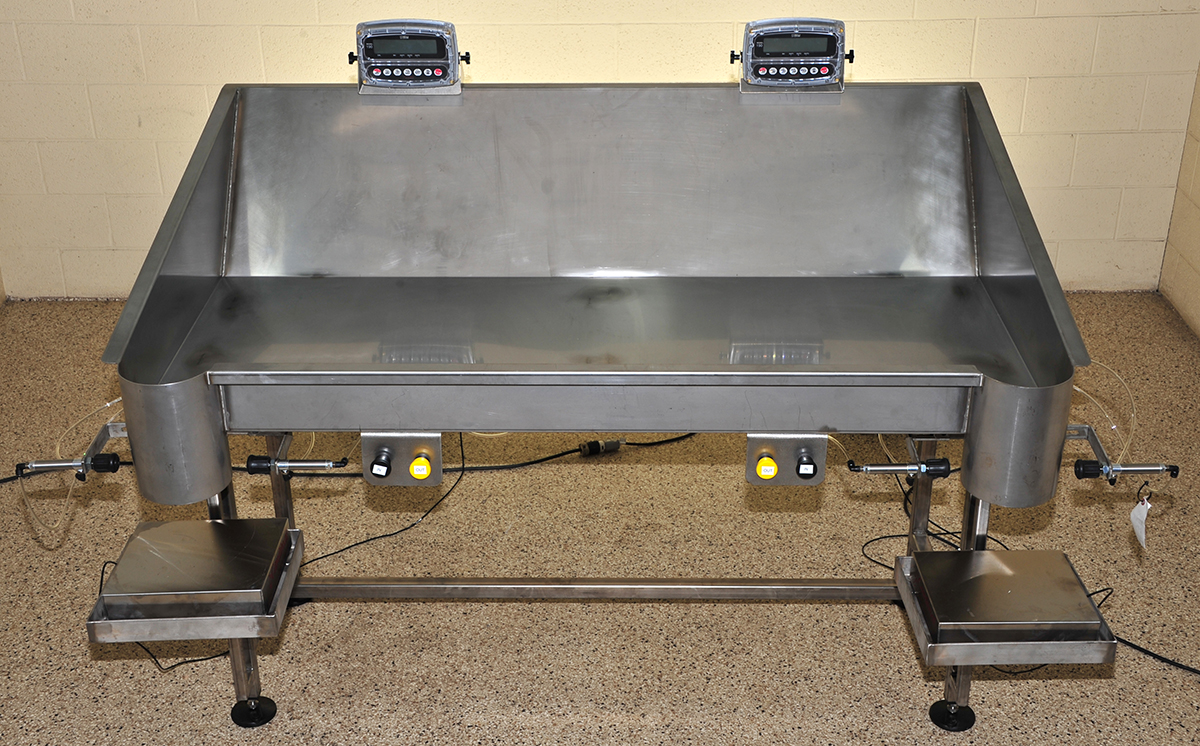 NEW BAG PACKING TABLE, 2-station, food grade stainless steel, for fill by weight, with scales & bag holders, Alard Equipment Corp item Y4442