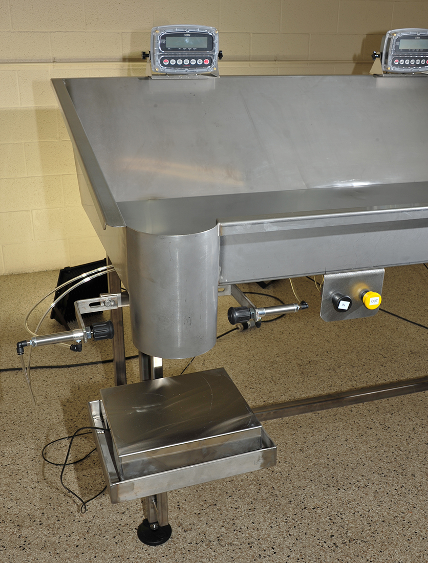 NEW manual BAG PACK TABLE, 2-station, food grade stainless steel, for fill by weight, with scales & bag holders; Alard item Y4442