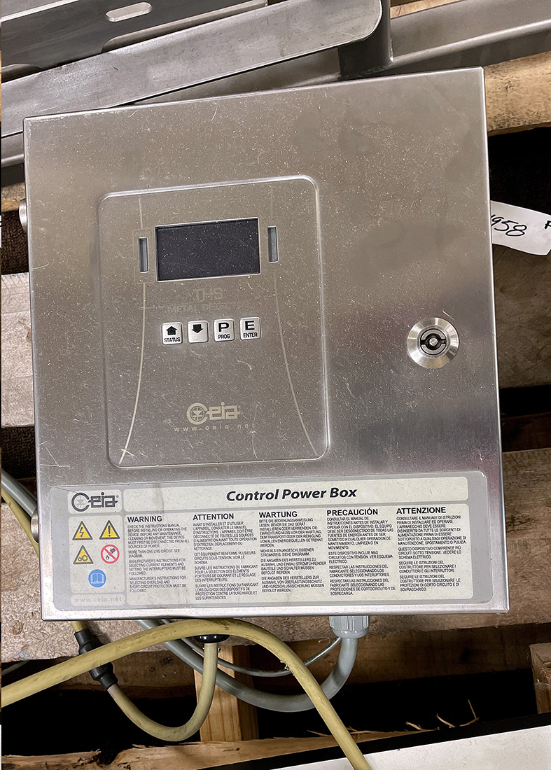 Used CEIA gravity feed drop-through METAL DETECTOR control panel, food grade, stainless steel, Alard item Y4958
