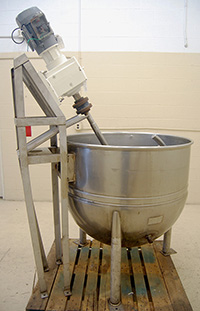 used 150 gallon stainless steel STEAM JACKETED KETTLE, with incline SCRAPER-AGITATOR, Alard item Y2757