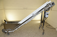 used, ELEVATING BELT CONVEYOR, gooseneck, food grade, stainless steel, 9.5 feet long by 10.5 inch wide, Alard item Y3948