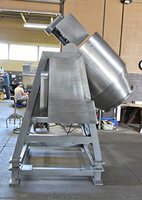 used, Millard Model GM-1000-14 FOOD TUMBLE MIXER, 14 cubic foot stainless steel drum type batch mixer, tilt discharge, Alard item Y5618