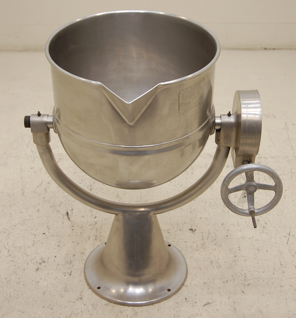 Used 20 gallon STEAM JACKETED KETTLE, TILT-to-DUMP, all stainless steel, Alard Equipment Corp item Y0488