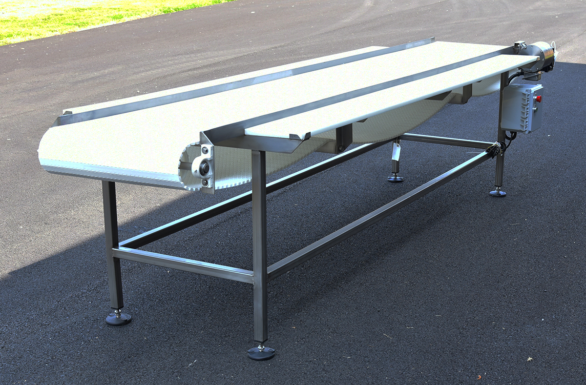Food grade INSPECTION CONVEYOR, 121x24 belt, with cutting boards, stainless steel, in stock,  Alard Equipment Corp item Y5608
