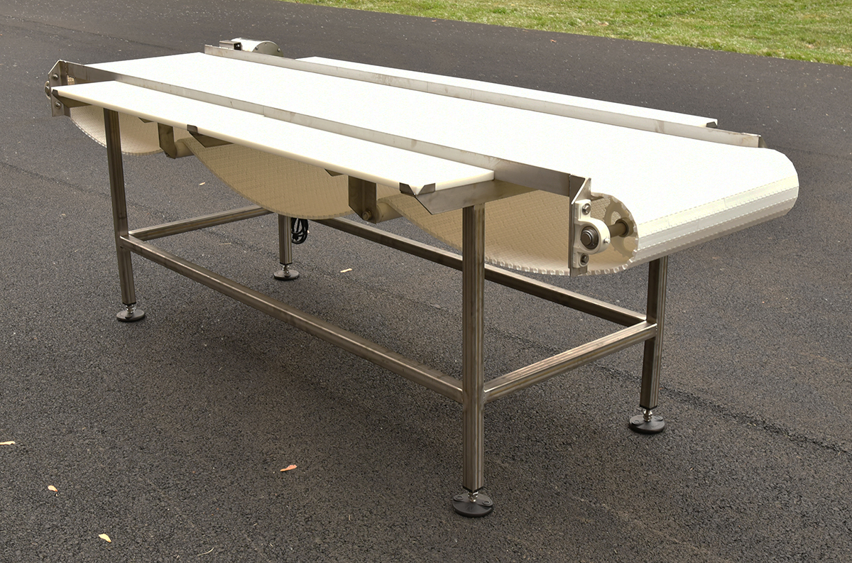 Food grade INSPECTION CONVEYOR, 9x24 belt, with cutting boards, stainless steel, in stock,  Alard Equipment Corp item Y5609