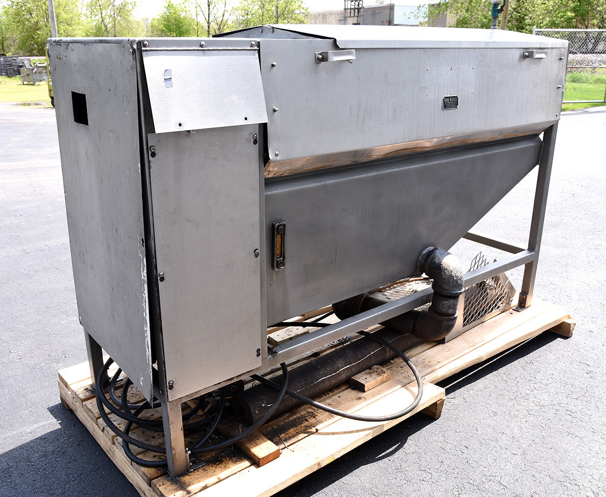 Used stainless steel BRUSH WASHER, SCRUBBER, PEELER, four-roll CONTINUOUS, with full length mobilizer, stainless steel; Alard item Y3857