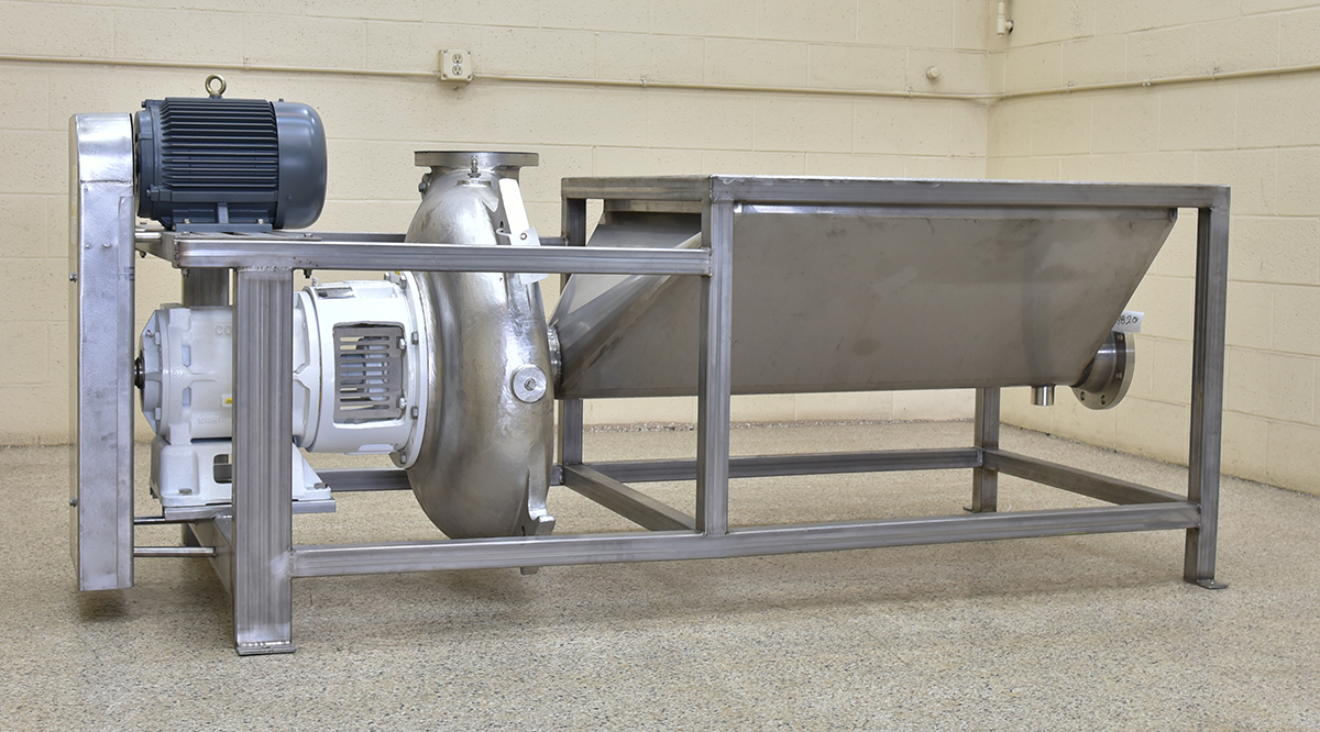 NEW Cornell 6-inch STAINLESS STEEL hydro-transport FOOD PUMP with feed TANK and drive, Alard Equipment Corp item Y4820