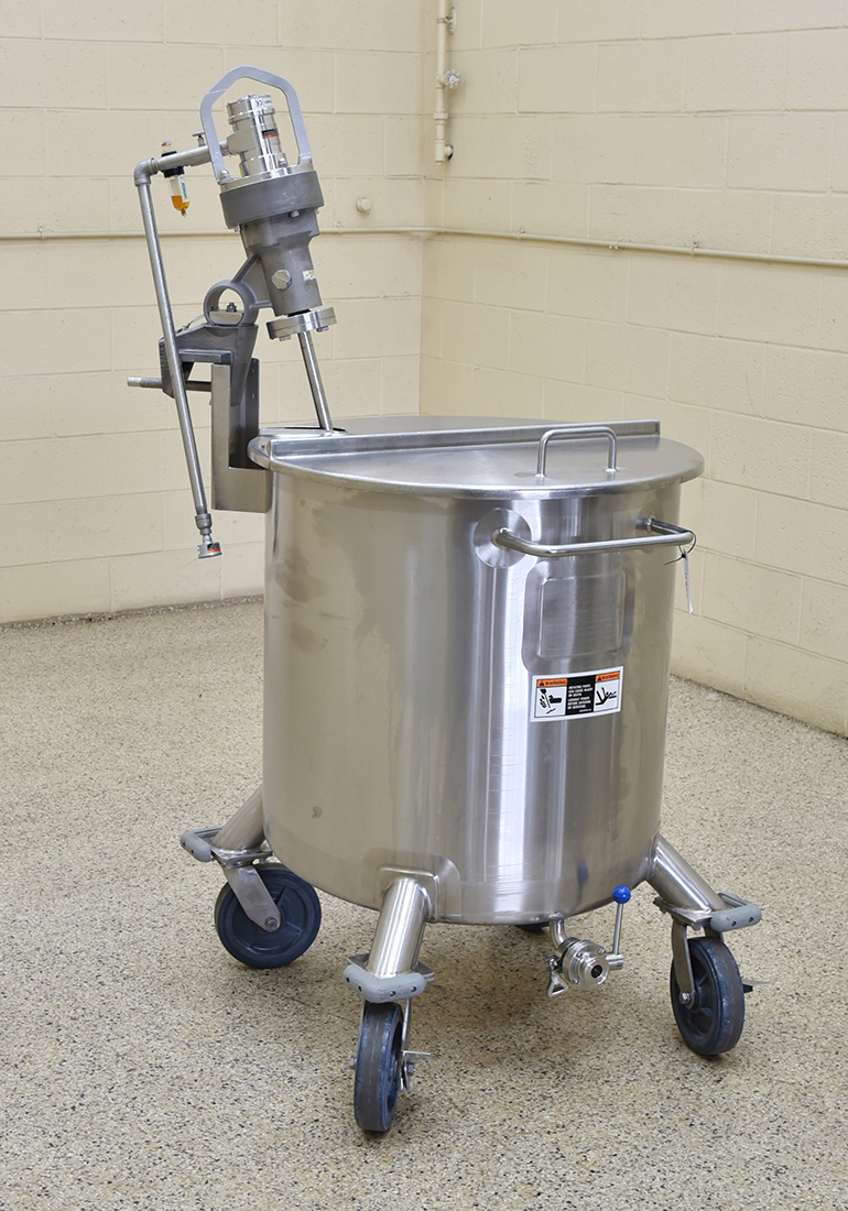 Used Corrosion resistant, 316L stainless steel TANK,  65 gallon, with Lightnin pneumatic mixer, food grade, vertical, single wall,  Alard item Y5386