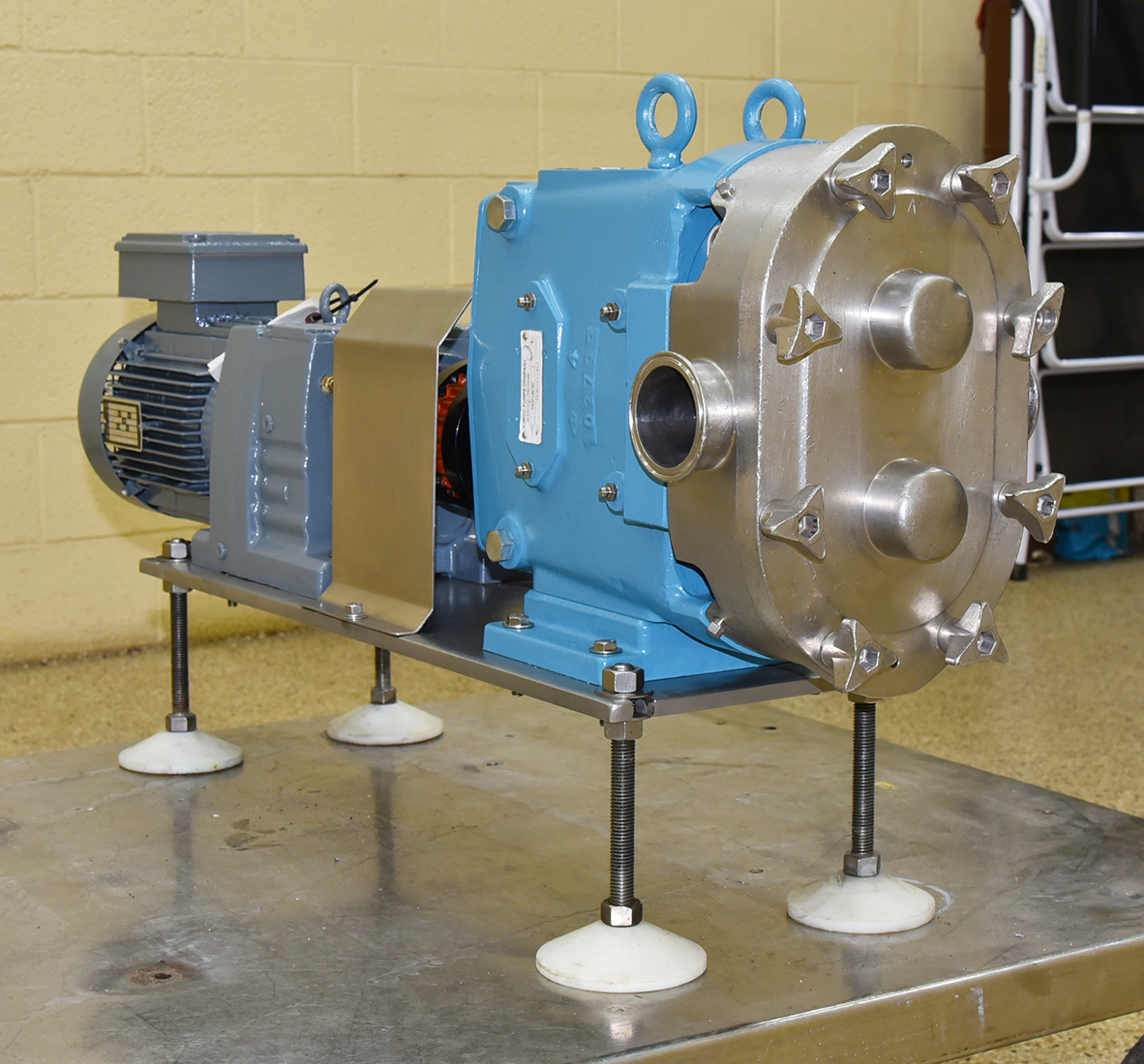 Used Waukesha 60 lobe pump / positive displacement pump, part for part equivalent, Ampco 60, 3HP motor, 2.5 inch in/out, 3A dairy sanitary, Alard item Y5469