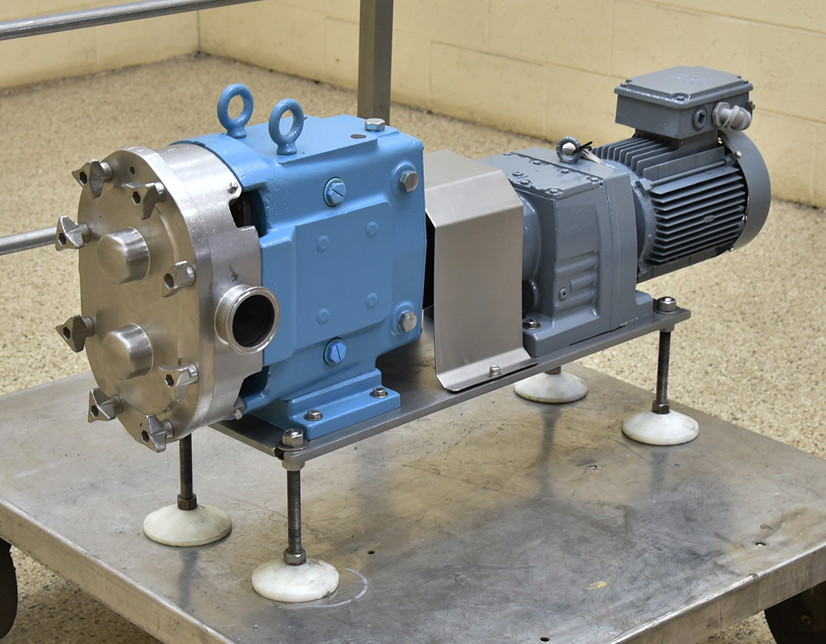 Used Ampco 60 lobe pump / positive displacement pump, part for part equivalent to WAukesha, 3HP motor, 2.5 inch in/out, 3A dairy sanitary, Alard item Y5469